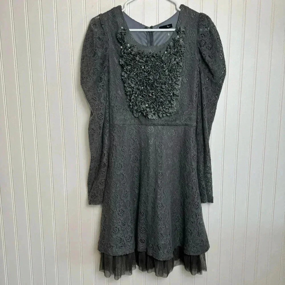 Anthropologie Ryu Grey Long Sleeve Dress Ruffle Front Tulle Hem Medium D32 - Picture 1 of 5